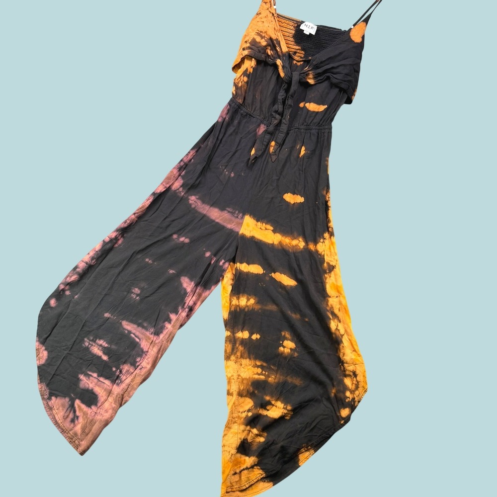 H.I.P. Jumpsuit Women L Orange Black Tie Dye Tie Front Smocked Boho Festival New